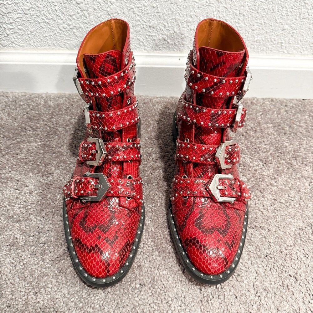 GIVENCHY Calfskin Red Python Embossed Studded Ank… - image 3